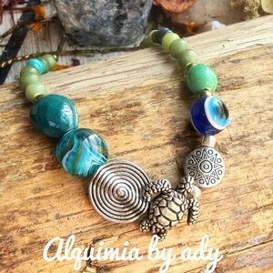 Alquimia Turquoise and Silver Turtle Necklace with green jade